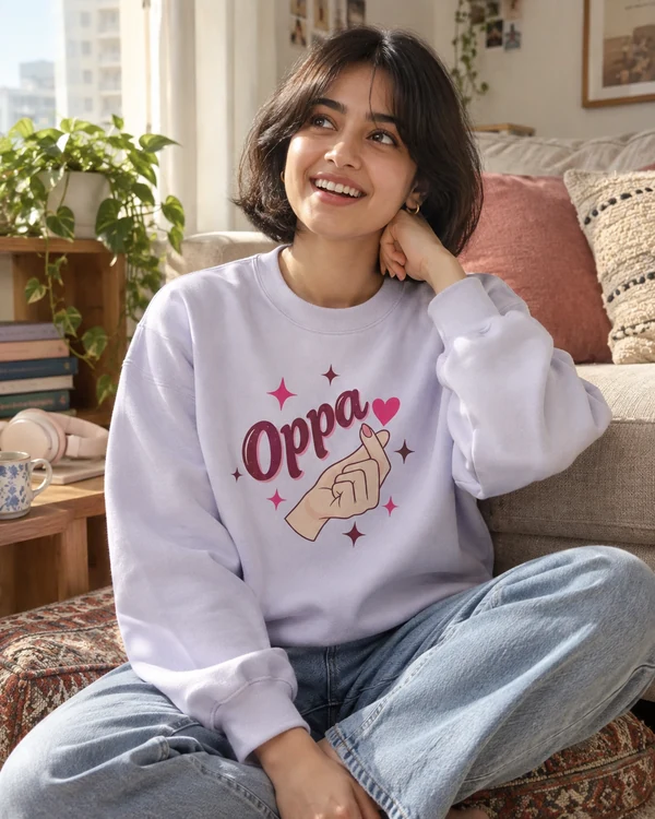 Oppa Finger Heart Sweatshirt in Lavender — Indian lifestyle photo