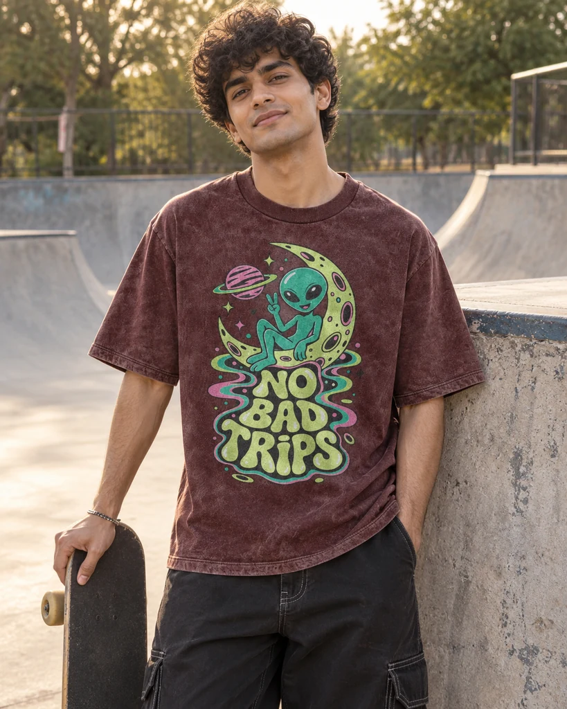 No Bad Trips Acid-Wash Oversized T-Shirt in Maroon — Funny & Sarcasm