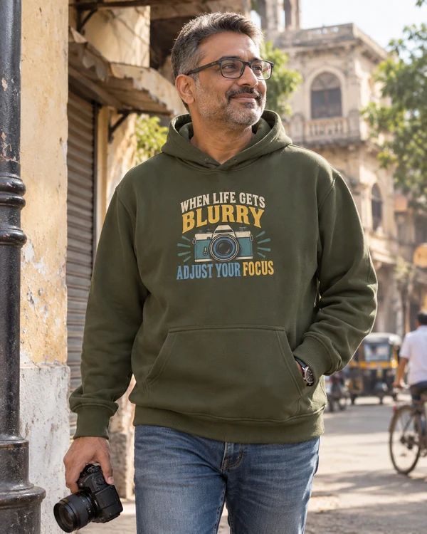 Adjust Your Focus Graphic Hoodie in Olive Green — Indian lifestyle photo