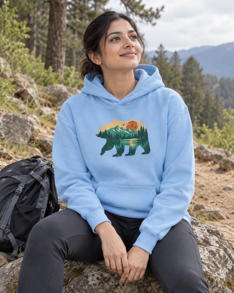 Mountain Forest Bear Graphic Hoodie in Baby Blue — Nature & Travel