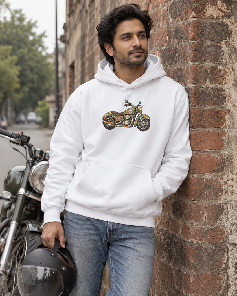 Floral Motorcycle Graphic Hoodie in White — Bikers