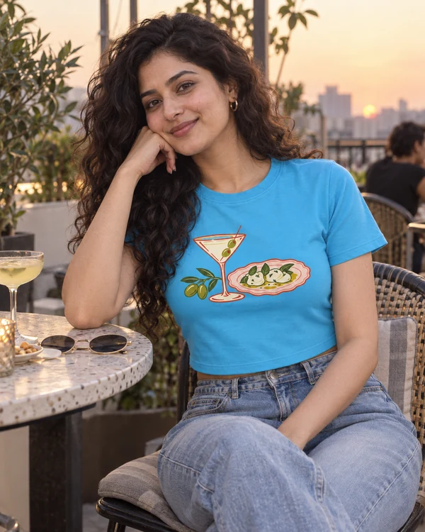 Martini and Olives Graphic Crop Top in Sky Blue — Indian lifestyle photo