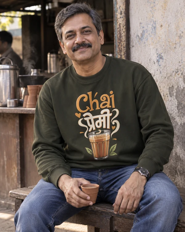 Chai Premi Sweatshirt in Olive Green — Indian lifestyle photo