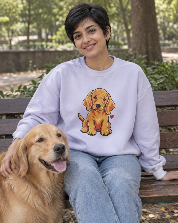 Golden Puppy Sweatshirt in Lavender — Indian lifestyle photo
