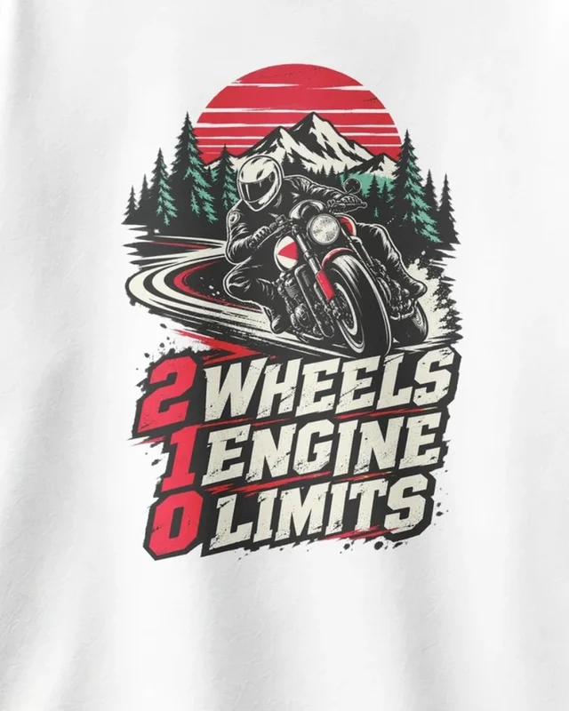 Two Wheels One Engine Zero Limits Oversized T-Shirt in White — design detail