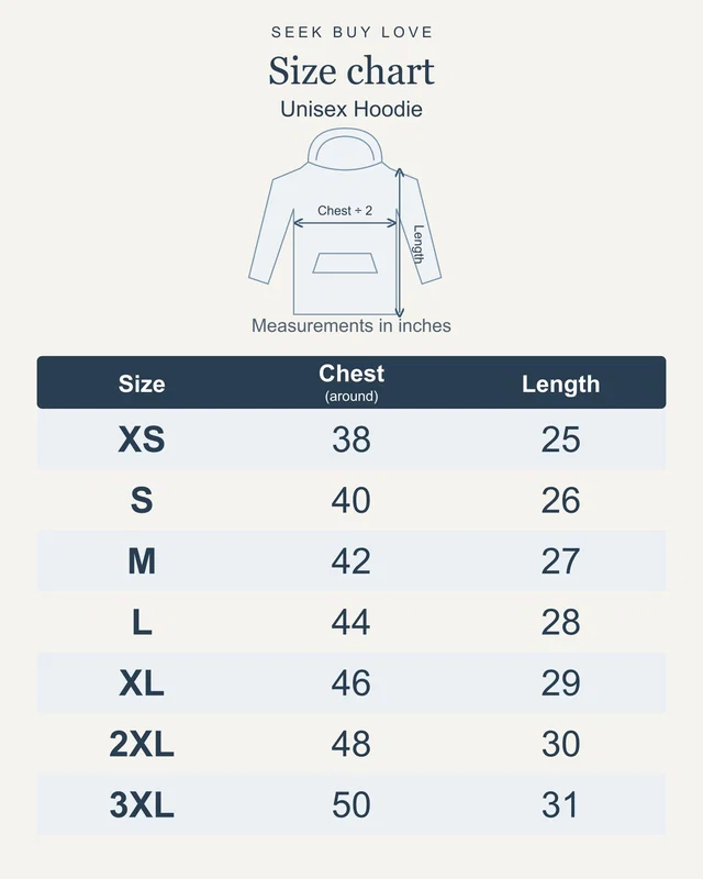 Unisex Hoodie UH24 size chart in inches, XS–3XL, full chest circumference