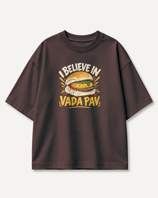 I Believe in Vada Pav Oversized T-Shirt in Maroon — front