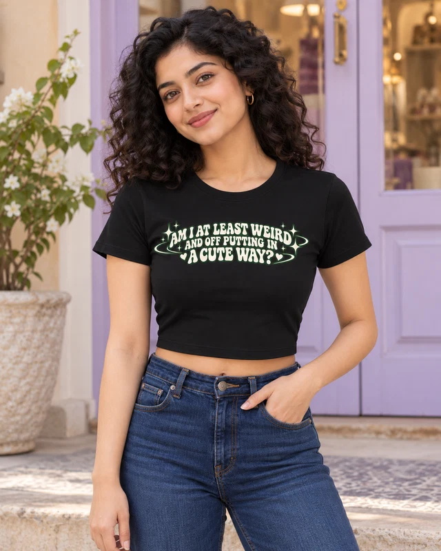 Weird in a Cute Way Graphic Crop Top in Black — model view 2