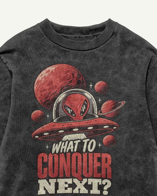 What to Conquer Next Acid-Wash Oversized T-Shirt in Black — design detail