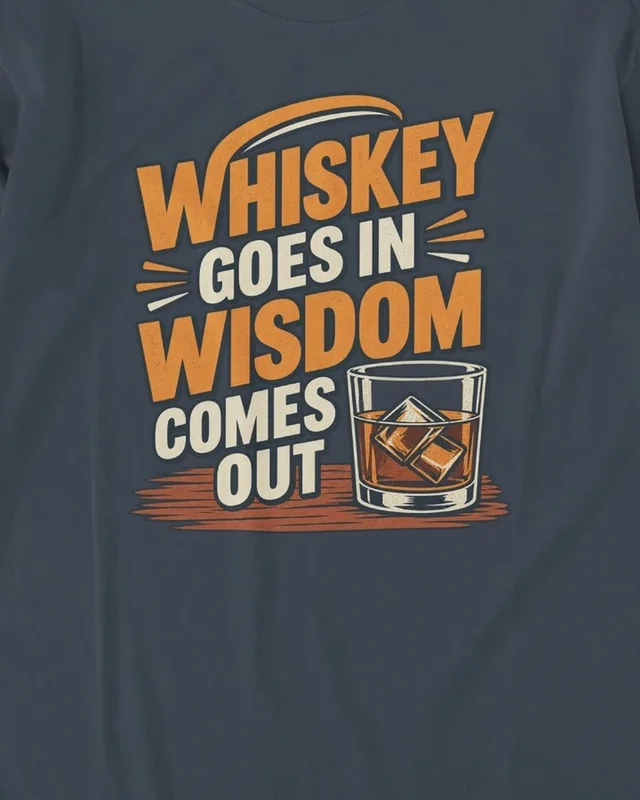 Whiskey Goes In Wisdom Comes Out Long-Sleeve T-Shirt in Navy Blue — design detail
