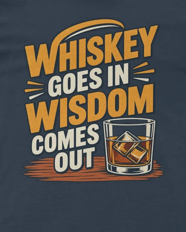 Whiskey Goes In Wisdom Comes Out Regular T-Shirt in Navy Blue — design detail