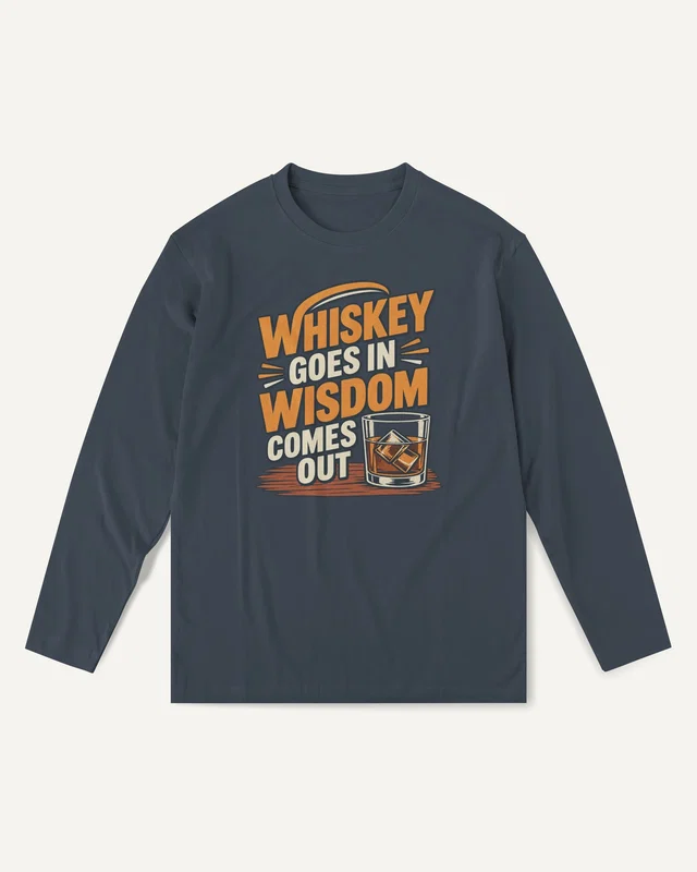 Whiskey Goes In Wisdom Comes Out Long-Sleeve T-Shirt in Navy Blue — front