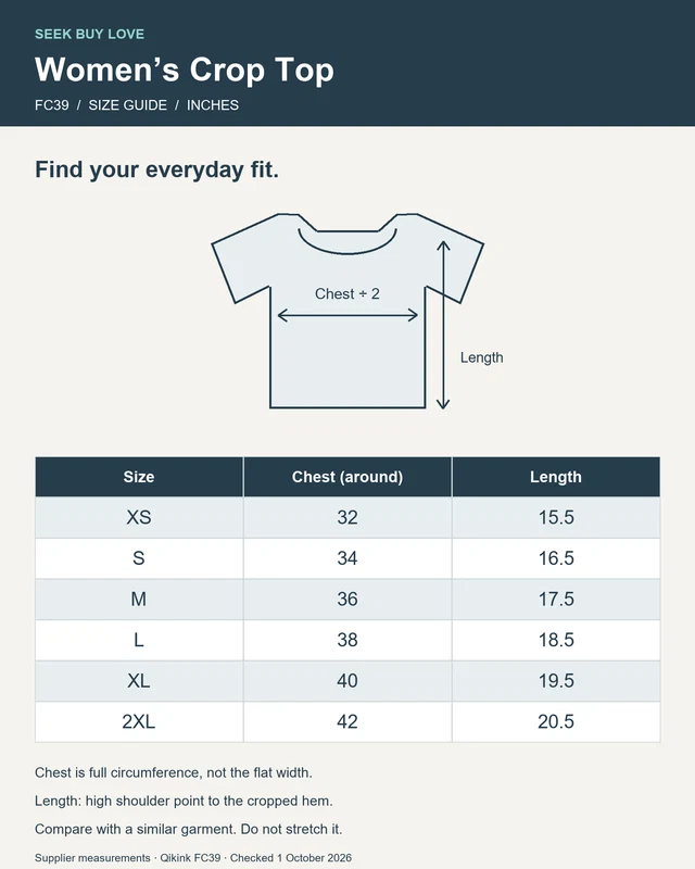 Women’s FC39 Crop Top size chart in inches, XS–2XL, full chest circumference