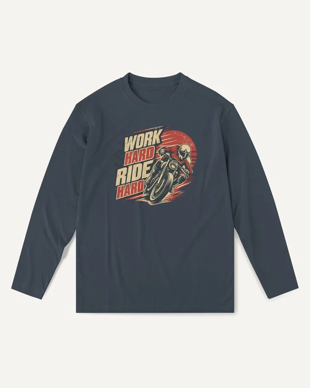 Work Hard Ride Hard Long-Sleeve T-Shirt in Navy Blue — front