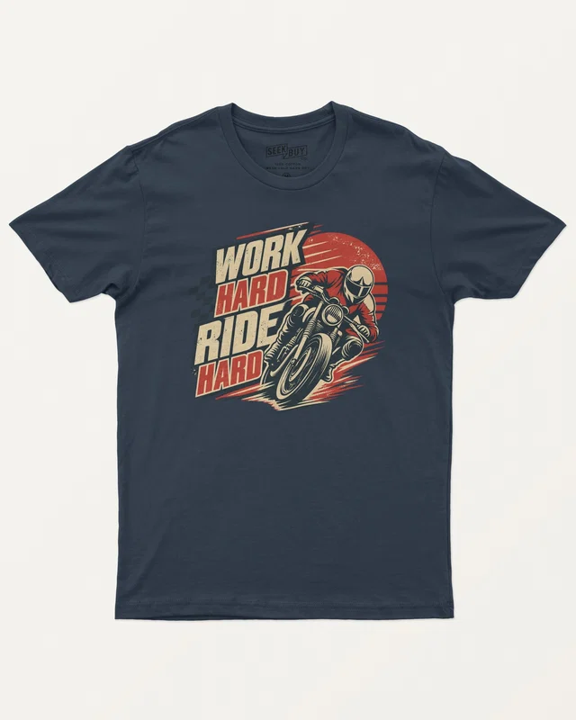 Work Hard Ride Hard Regular T-Shirt in Navy Blue — front