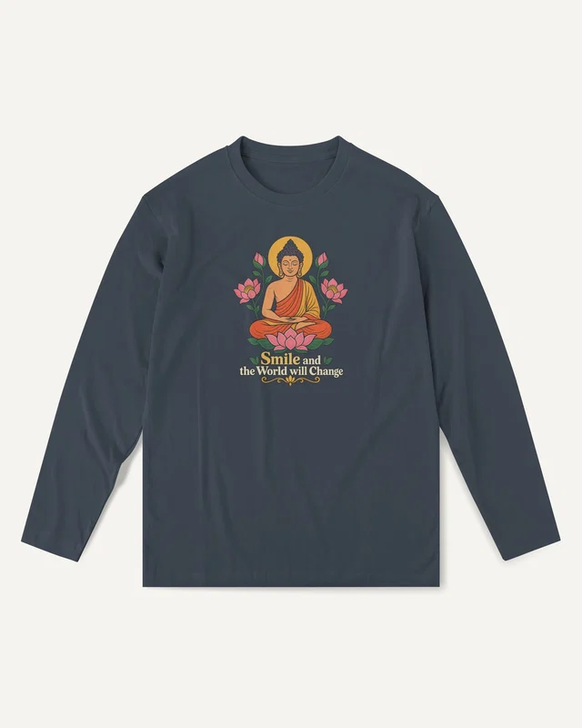 Smile and the World Will Change Long-Sleeve T-Shirt in Navy Blue — front