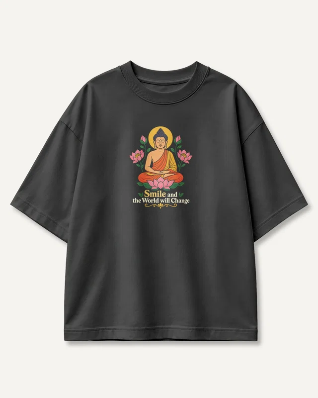Smile and the World Will Change Oversized T-Shirt in Black — front