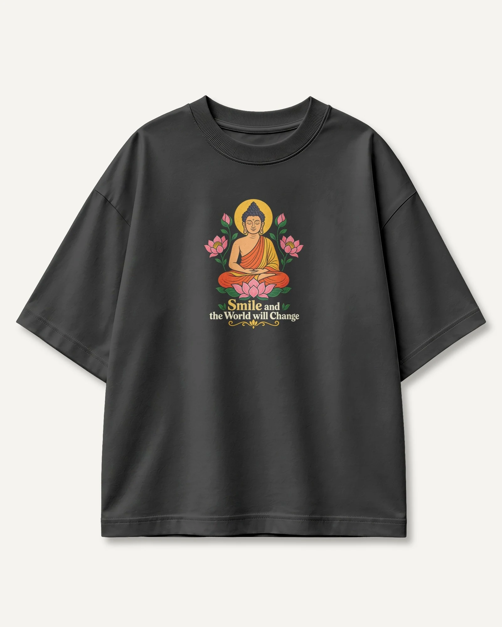 Smile and the World Will Change Oversized T-Shirt in Black — front Smile and the World Will Change Oversized T-Shirt in Black — front