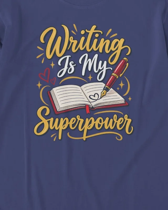 Writing Is My Superpower Long-Sleeve T-Shirt in Royal Blue — design detail