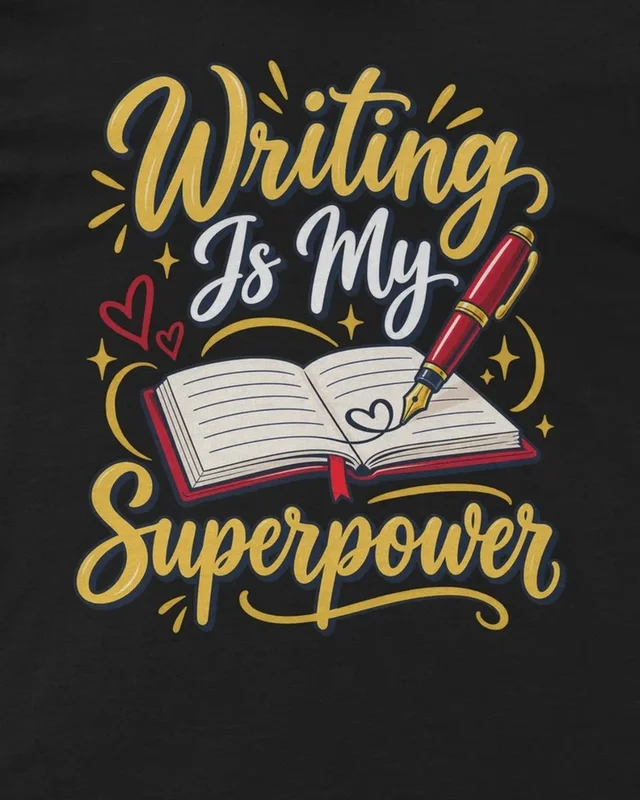 Writing Is My Superpower Regular T-Shirt in Black — design detail