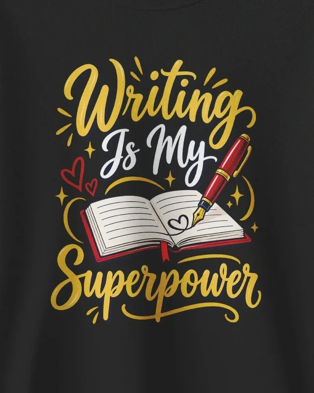 Writing Is My Superpower Sweatshirt in Black — design detail