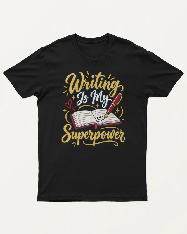 Writing Is My Superpower Regular T-Shirt in Black — front