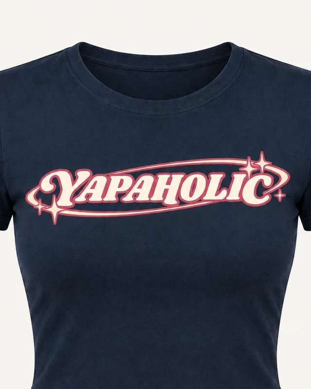 Yapaholic Graphic Crop Top in Navy Blue — cropped design detail