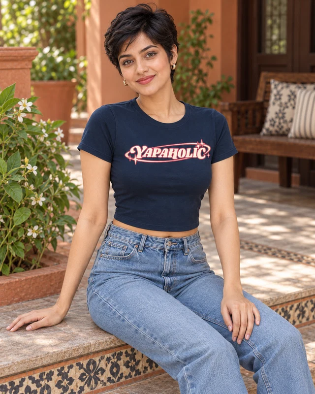 Yapaholic Graphic Crop Top in Navy Blue — model view 2