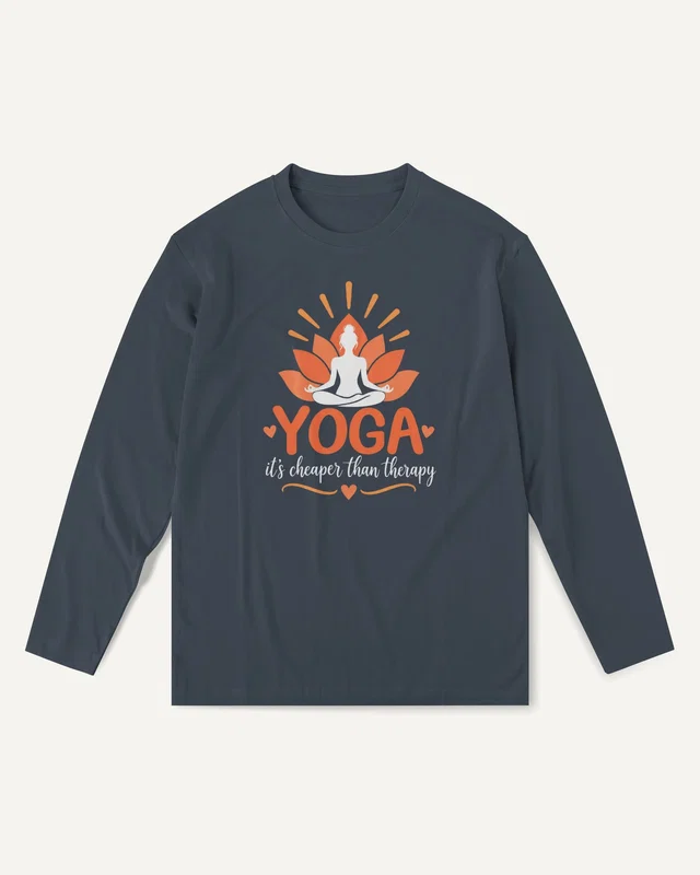 Yoga It's Cheaper Than Therapy Long-Sleeve T-Shirt in Navy Blue — front