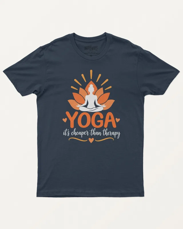 Yoga It's Cheaper Than Therapy Regular T-Shirt in Navy Blue — front