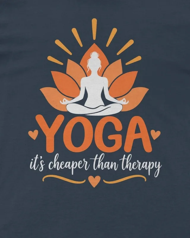 Yoga It's Cheaper Than Therapy Regular T-Shirt in Navy Blue — design detail