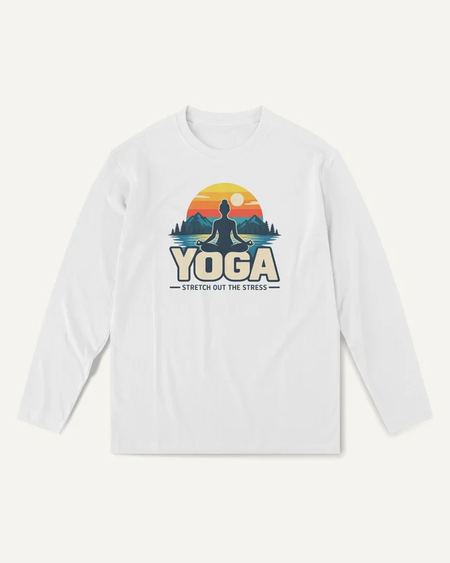Yoga Stretch Out the Stress Long-Sleeve T-Shirt in White — front