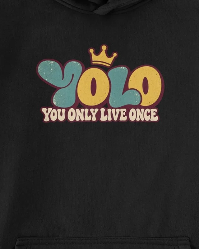 YOLO: You Only Live Once Graphic Hoodie in Black — cropped design detail