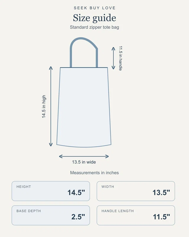 Zipper Tote Bag size chart in inches